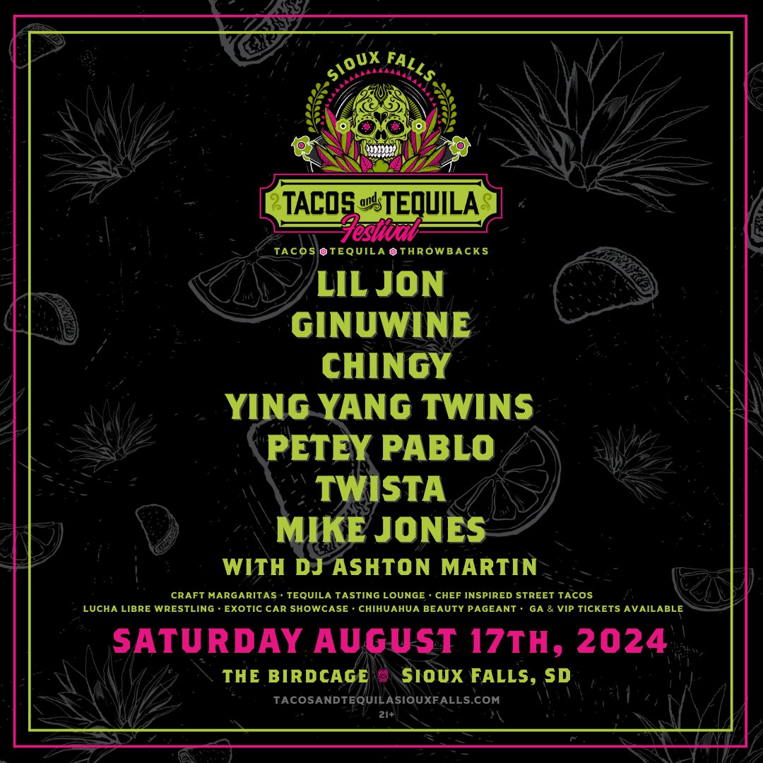 canaries's tweet photo. Get OUTTA YOUR MIND, cause Tacos and Tequila Festival featuring Lil Jon, Ginuwine, and MORE are COMING TO Sioux Falls!

🌮 South Dakota��s Best Taco Chefs
🍹 Hand Crafted Margaritas
🤼‍♂️ Lucha Libre Wrestling
🤯 AND MORE!

Buy Tickets: https://t.co/9FLgant0Tt https://t.co/q2tJh3myal