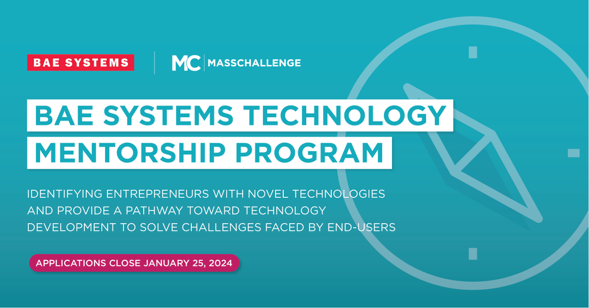 MassChallenge's tweet image. [Closing in 1 Week] ✈ #Startups, apply to the #ZeroEquity @MassChallenge BAE Systems Technology Mentorship Program by January 25! Complete My Application:
👉 hubs.li/Q02d1B9m0

@BAESystemsInc #startupaccelerators