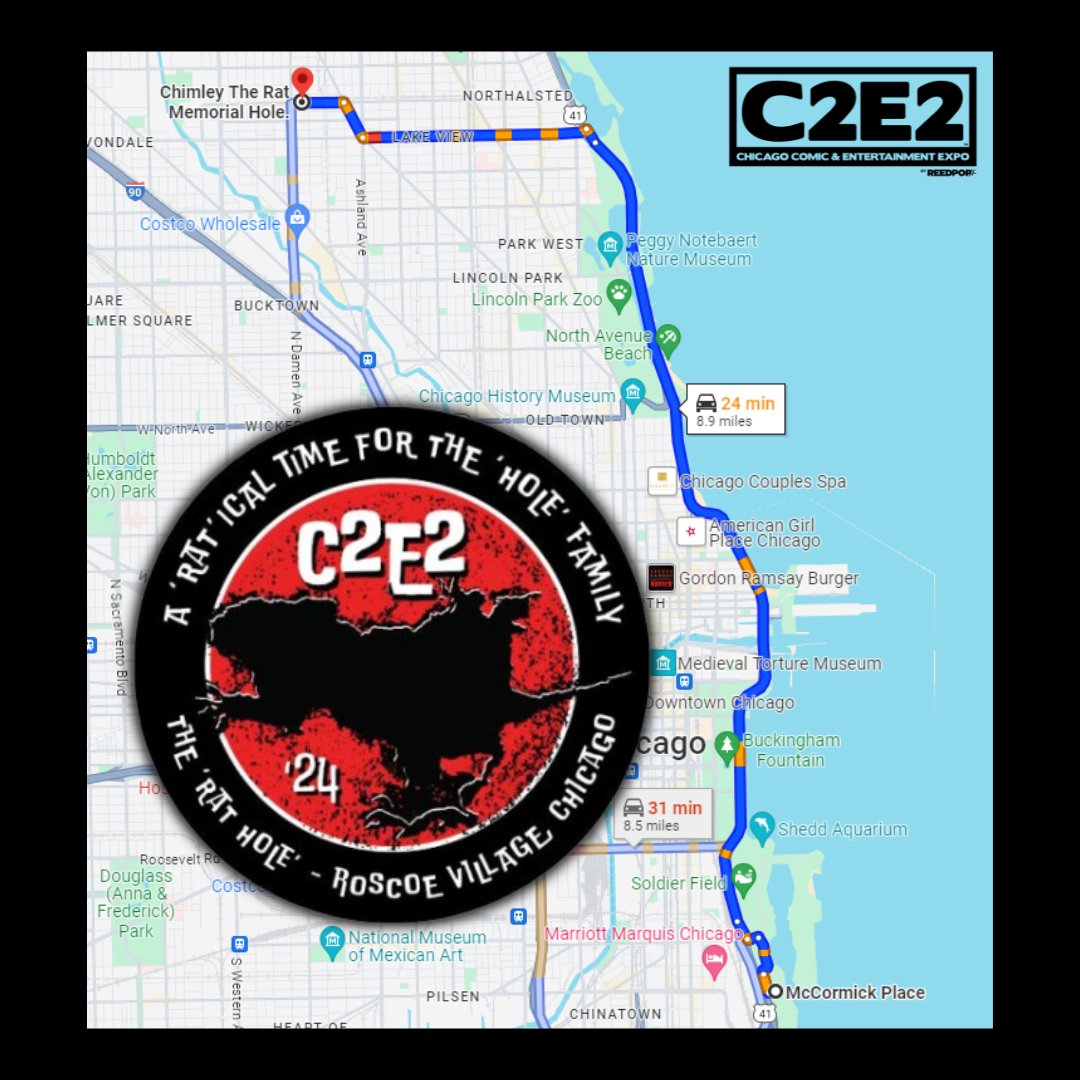 c2e2's tweet image. All hail the #rathole 🐀🕳️ Make your way from Chimley the Rat’s Memorial Hole to McCormick Place and create ~ratical~ memories for the fam April 26-28. Then pick up a commemorative Rat Hole Sticker, only available onsite at the official C2E2 Show Store.