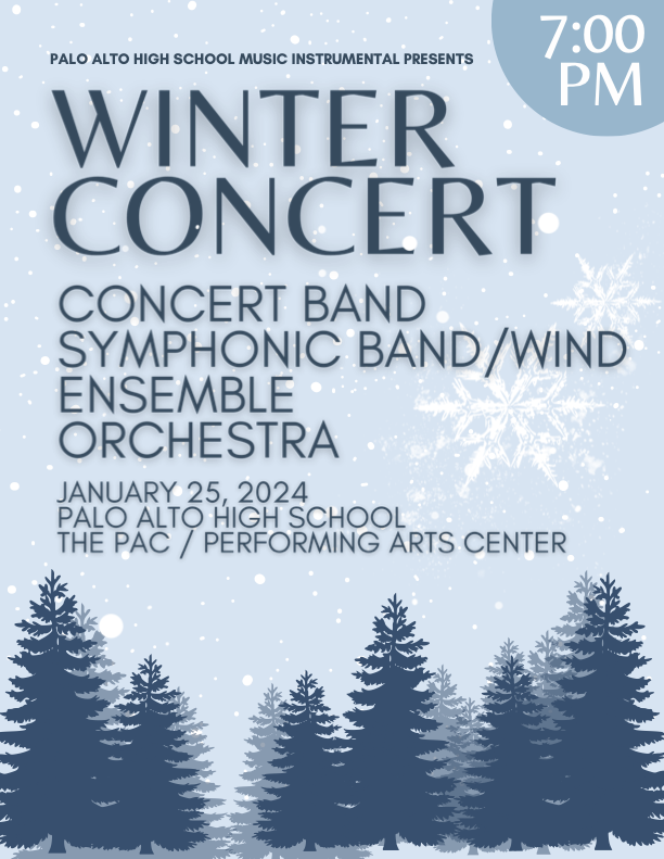 gmiller9904's tweet photo. Join Paly Instrumental next Thursday, January 25 at 7:00PM for our Winter Concert.  The performance will include works by Gillingham, Mittal, Mozart, Daughtrey, Batiste, Texidor, and more! https://t.co/rVemaQaLpN
