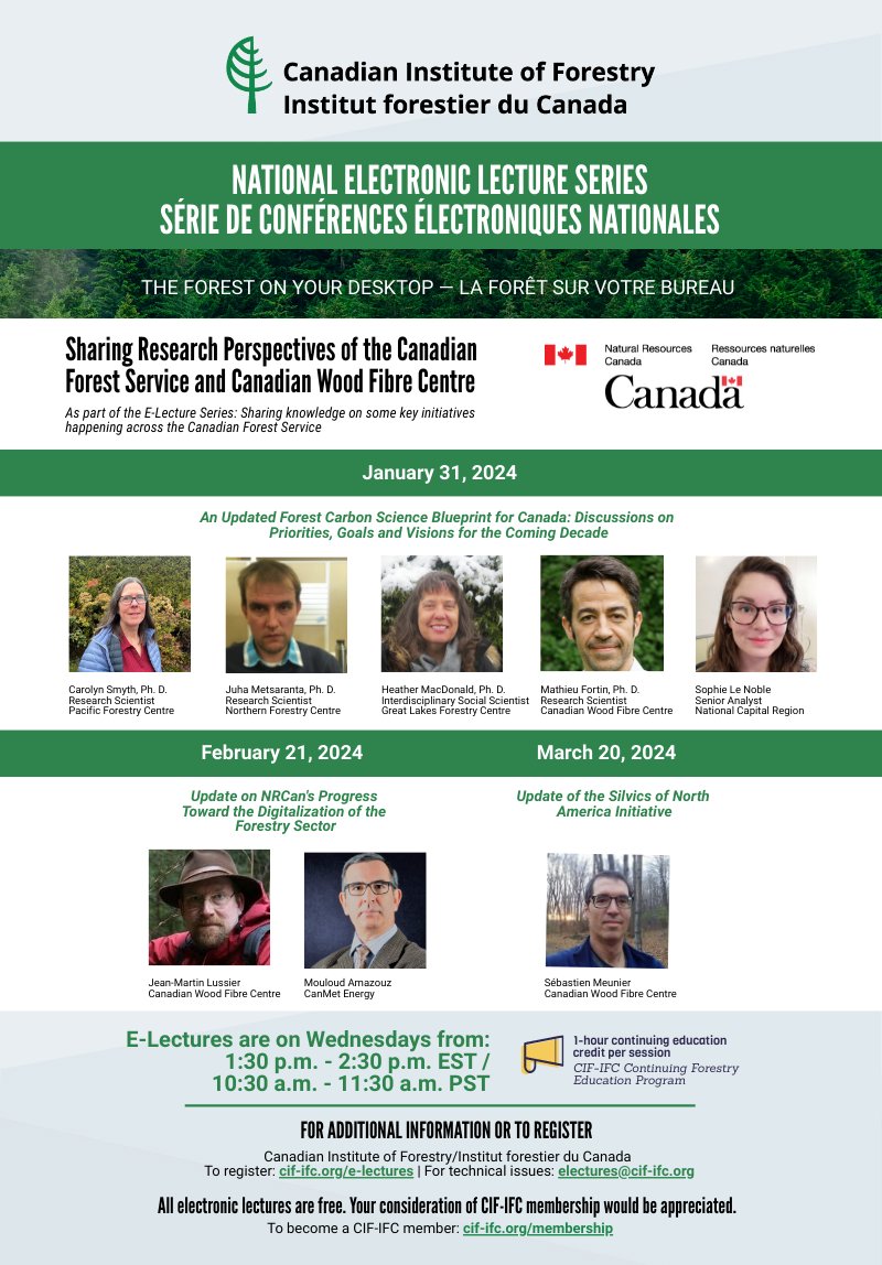 CIF_IFC's tweet photo. NEW E-Lecture Series "Sharing knowledge on some key initiatives happening across the Canadian Forest Service" starting on January 31st 🌲🖥️ Hosted in collaboration with @NRCan, this 10-lecture series will be presented across three themes. Register now! 👉 https://t.co/iVEYyLsK3t https://t.co/n1Evpl4JNb
