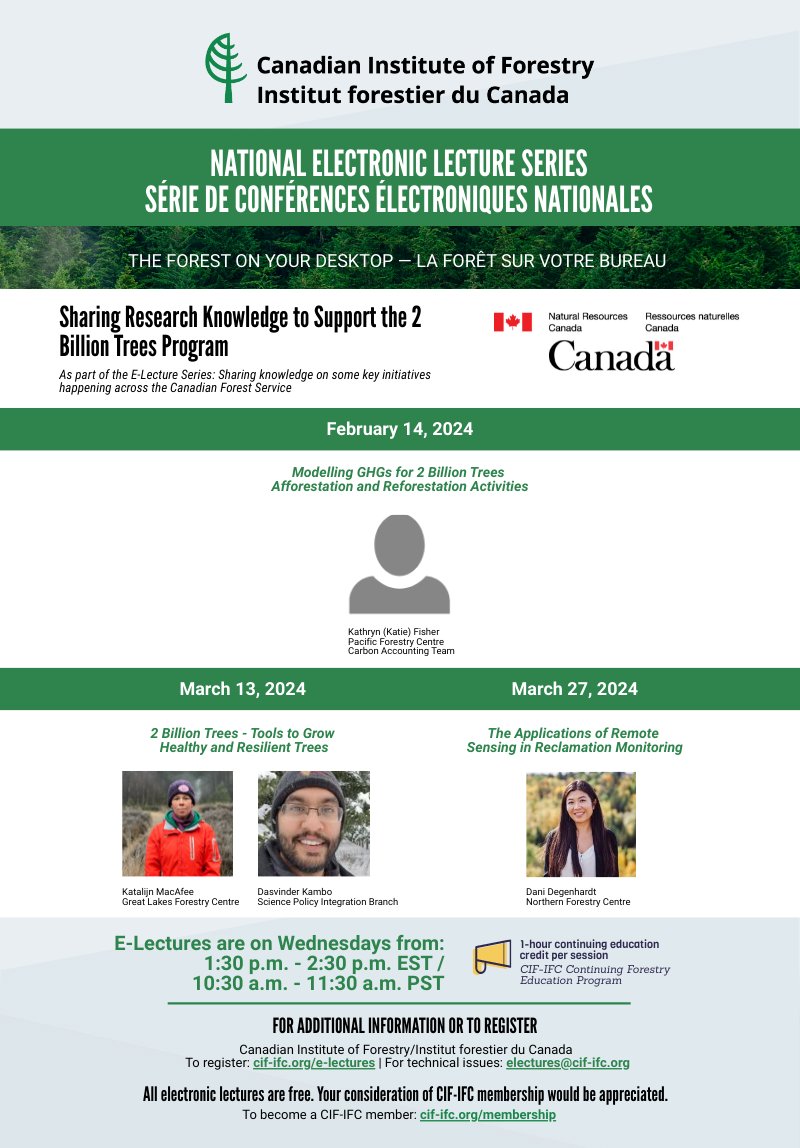 CIF_IFC's tweet photo. NEW E-Lecture Series "Sharing knowledge on some key initiatives happening across the Canadian Forest Service" starting on January 31st 🌲🖥️ Hosted in collaboration with @NRCan, this 10-lecture series will be presented across three themes. Register now! 👉 https://t.co/iVEYyLsK3t https://t.co/n1Evpl4JNb