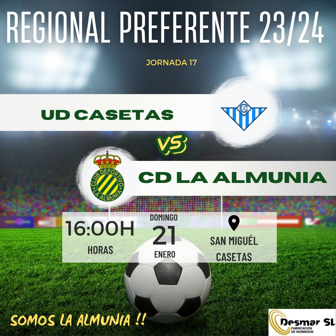 Nuestro primer equipo,  se desplaza hasta Casetas para disputar la jornada 17. Vamos a por la Victoria!!, Queremos los tres puntos!!, Queremos seguir arriba!!. Aúpa La Almunia 💚 💛.
