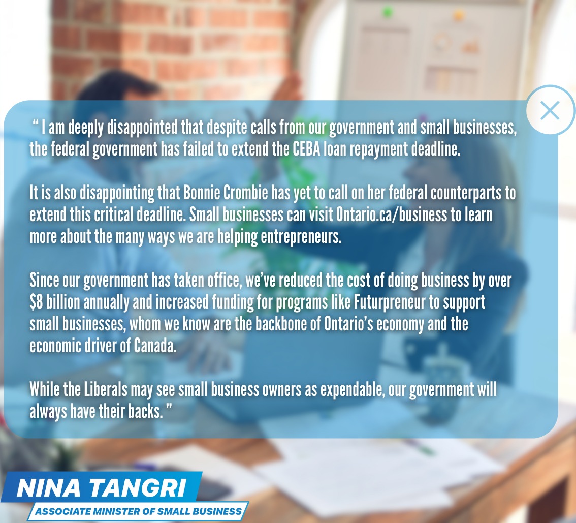 I am deeply disappointed that despite calls from our government and small businesses, the federal government has failed to extend the CEBA loan repayment deadline. While the Liberals may see small business owners as expendable, our government will always have their backs. 1/3