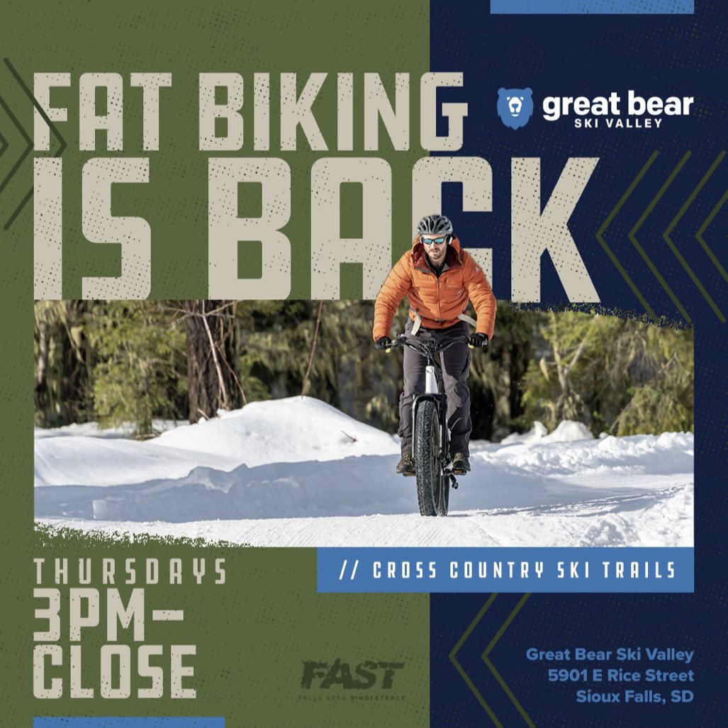 fast_inc's tweet photo. Fat Bike Thursday is back at Great Bear only from 3 pm to park close on the north end cross-country ski trails. Please obey signs, hours, and be courteous to all trail users. Most importantly, have fun! Hope to see you out there tonight! https://t.co/oyGFGZsvm0