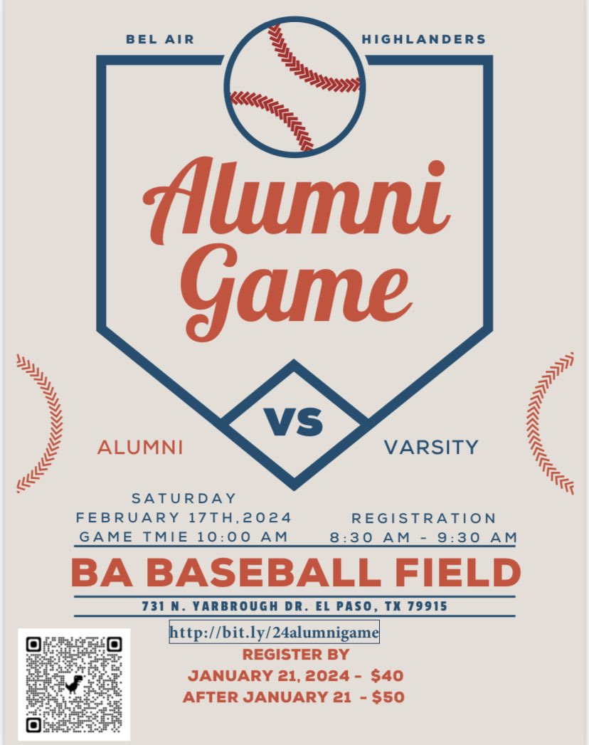 Big Red Family & Friends: We will be hosting our Alumni Game for the 2024 Season. This Alumni Game will be held on our BRAND NEW baseball field on Saturday, February 17th, at 10am. Please scan the QR Code or enter the link to fill out the sign up form. ⚾️