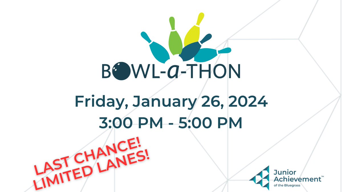 JABluegrass's tweet photo. We only have a couple lanes left for our Bowl-a-Thon next Friday, January 26. Please go to https://t.co/TakJcMU4oo for more information and to register. Registration closes at 5pm on Friday, January 19!

#jabluegrass #juniorachievement #bowlathon #JABowlAThon https://t.co/rlA1wdZVwq