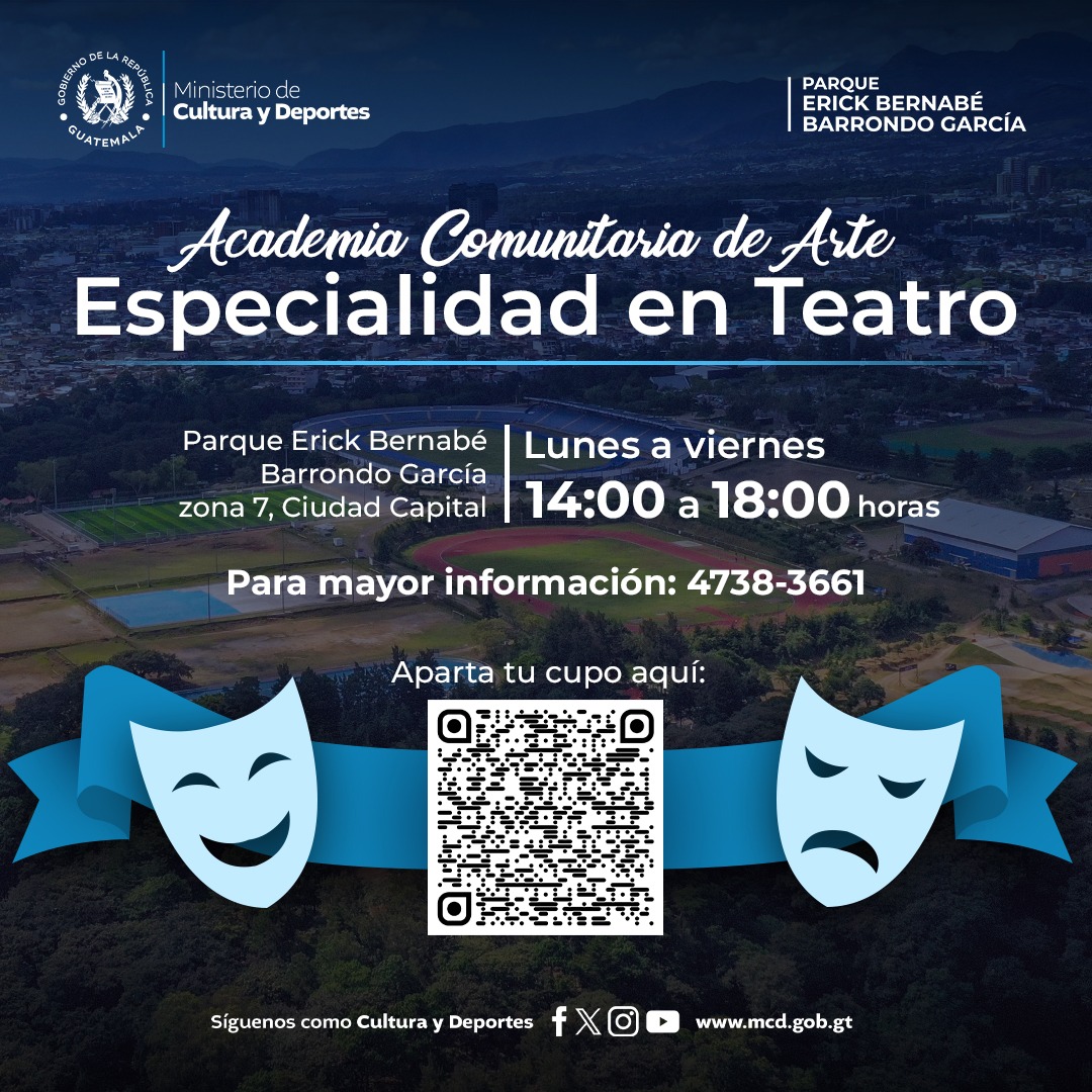 formarteGT's tweet photo. ¡Esta es tu oportunidad!
Acércate al Parque Erick Bernabé Barrondo García de la zona 7 capitalina y forma parte de la academia gratuita con especialidad en Teatro. Más información ⬇️

#3milAñosRiquezaCulturalGT #CulturaMotorDesarrolloGT #FormarteGT https://t.co/FoOyCisrf2