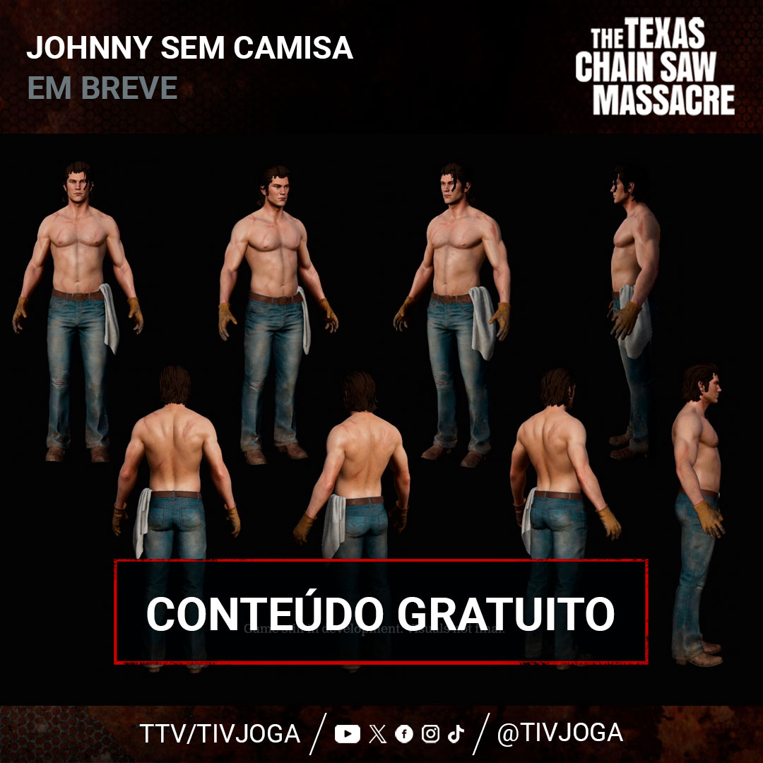 tivjoga's tweet photo. Durante a transmissão com os desenvolvedores, foi revelada a skin sem camisa do assassino Johnny.

Também foi confirmado que a assassina Sissy receberá um vestido de noiva.

Ambos os trajes alternativos serão gratuitos.

◤#TXChainSawGame #TXCM◢ https://t.co/qnjnxHF9fn
