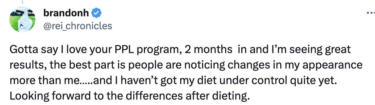 Every time someone grabs our Push-Pull-Legs program, this is what happens. A few months pass, and their gains EXPLODE. The PPL Program is a bodybuilding shirt-sleeve stretching, mass building CLASSIC. See the next tweet; I'll gift it to ya.