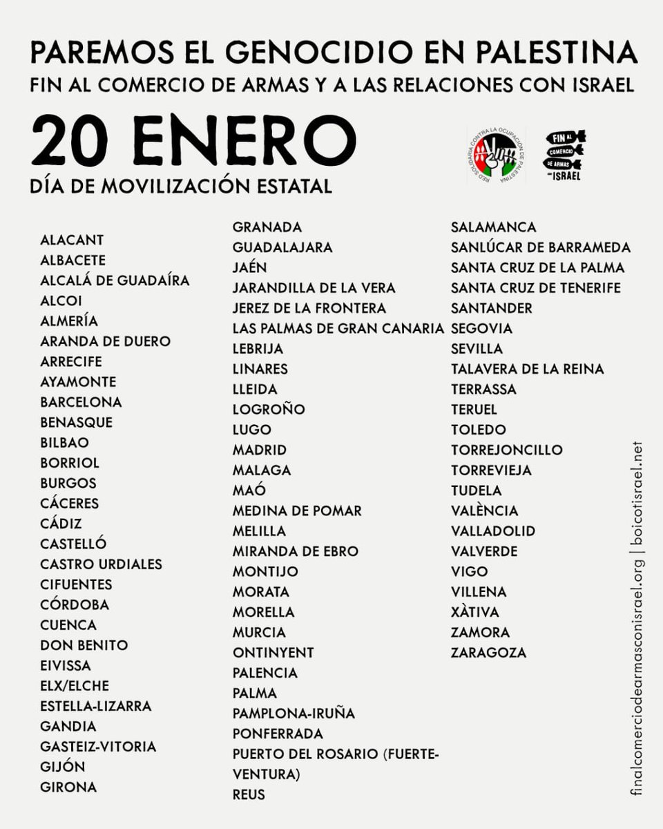 Dissabte arreu de l’estat se sortirà a denunciar el genocidi que Israel està cometent amb la complicitat d’Europa i els EUA. 

Omplirem els carrers! 

Busca la teva convocatòria i suma-t’hi! 

#AturemElGenocidi 

Llistat complet: boicotisrael.net/acciones/el-pr…