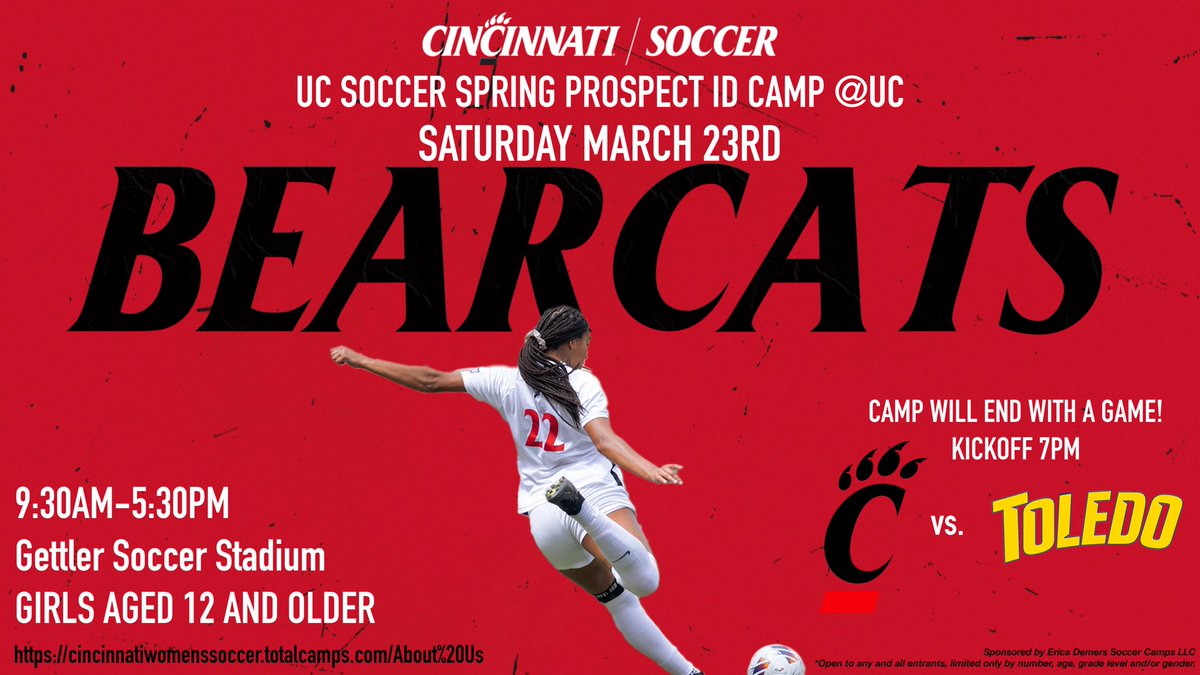 GoBearcatsWSOC's tweet image. Time to sign up for our annual Spring Prospect ID Camp is NOW!! 

⚫️Saturday, March 23rd
🔴Girls ages 12 and up 
⚫️ 9:30am - 5:30pm 

Sign up here -&amp;gt; bit.ly/3S2nHYt

#Bearcats | #WePlayFor3