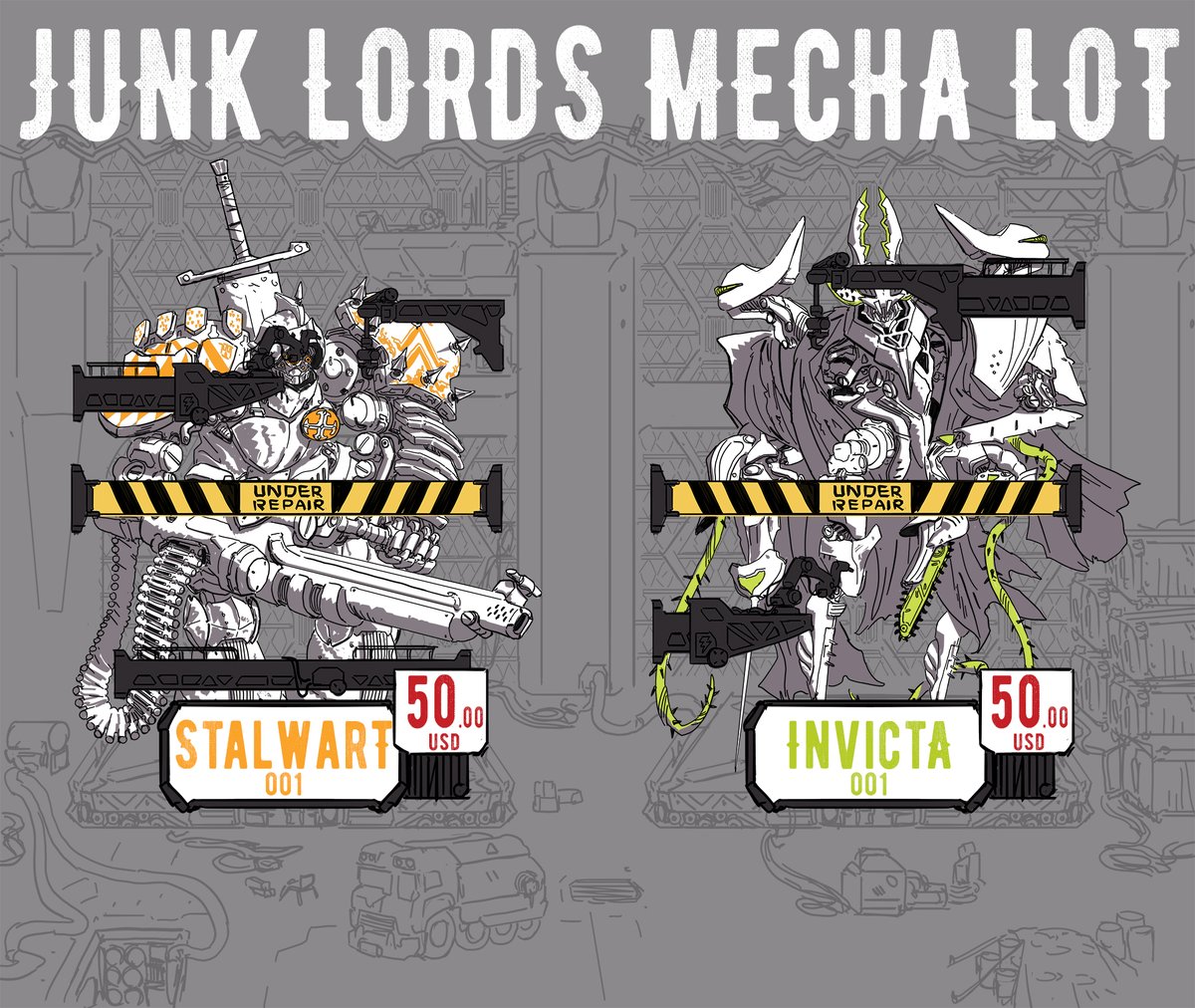 francescolobo's tweet photo. Trying something new here:
JUNK LORDS MECHA LOT
Come get your MECHA! Cheap! Barely Used!
Dry cleaned blood from previous pilot!
#junklords #junklordsmechalot #jlml #conceptart #mechdesign https://t.co/goMEuKrocQ