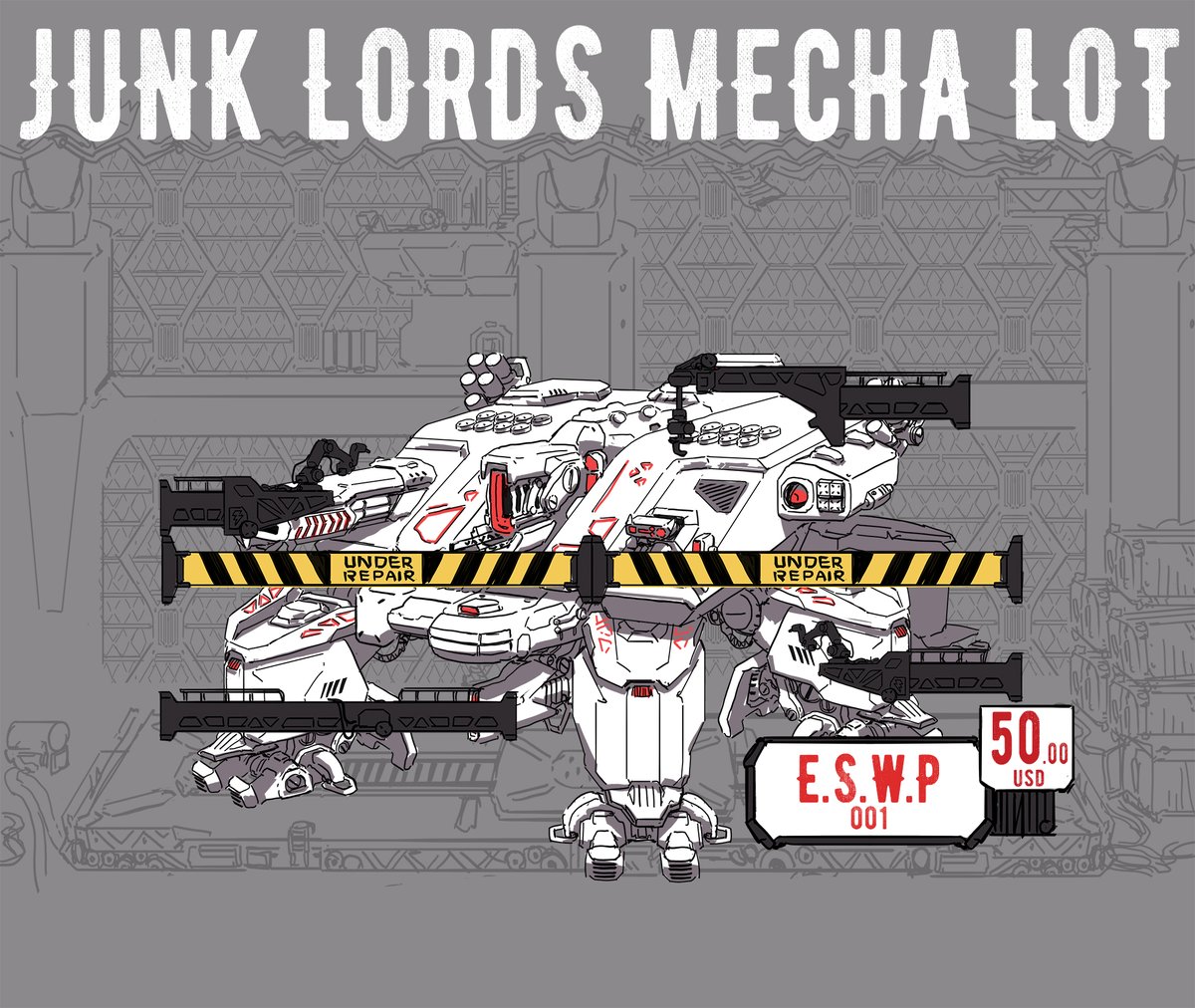 francescolobo's tweet photo. Trying something new here:
JUNK LORDS MECHA LOT
Come get your MECHA! Cheap! Barely Used!
Dry cleaned blood from previous pilot!
#junklords #junklordsmechalot #jlml #conceptart #mechdesign https://t.co/goMEuKrocQ
