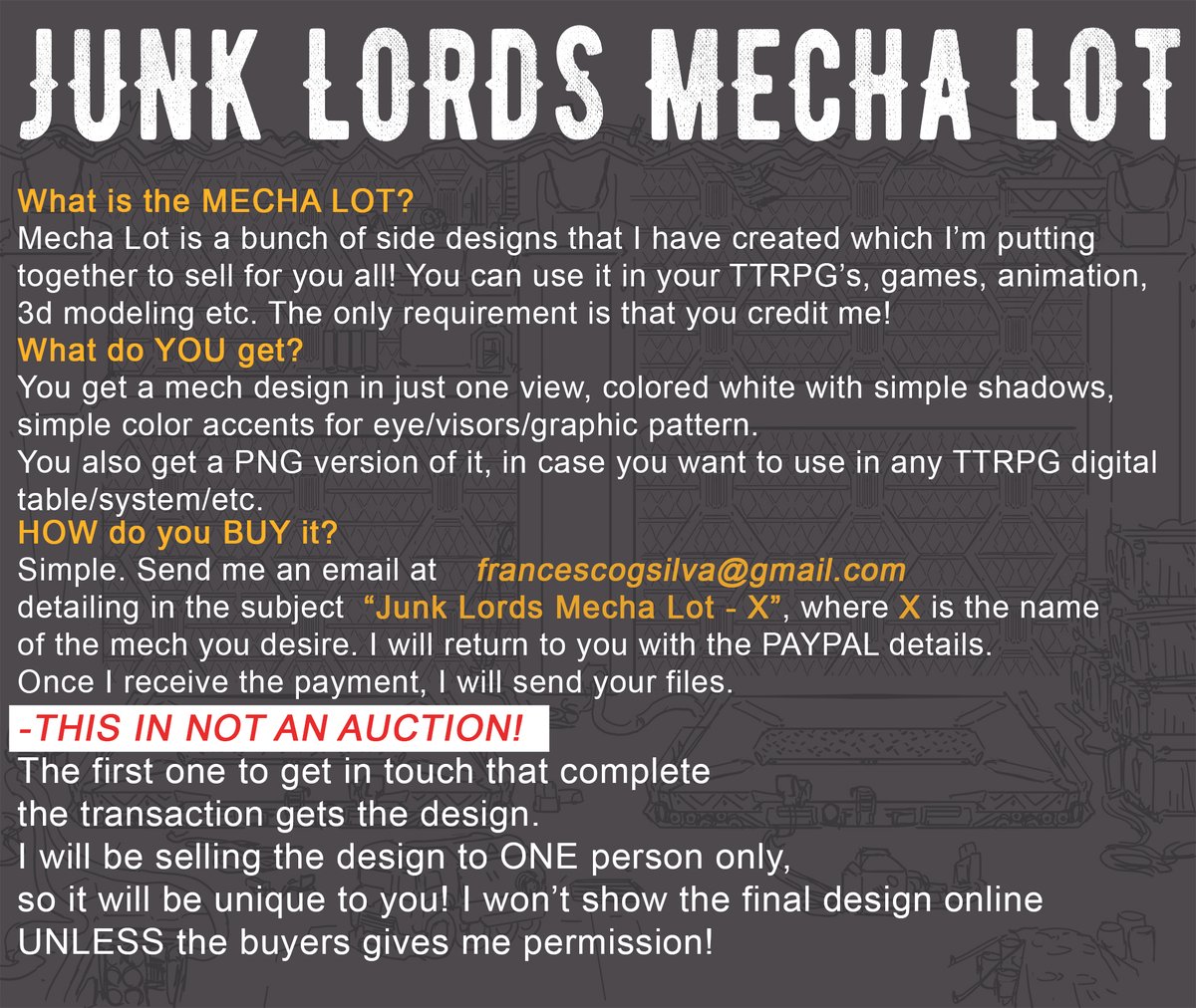 Trying something new here:
JUNK LORDS MECHA LOT
Come get your MECHA! Cheap! Barely Used!
Dry cleaned blood from previous pilot!

#junklords #junklordsmechalot #jlml #conceptart #mechdesign