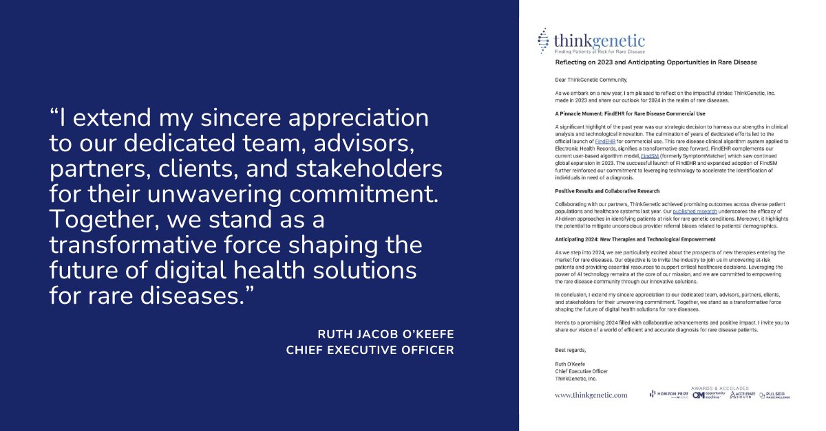 Today, our CEO, Ruth Jacob O'Keefe, shared a short reflection on the past year at ThinkGenetic, expressing gratitude to our dedicated community for their unwavering commitment: loom.ly/9c57x8U #RareDisease #DigitalHealth