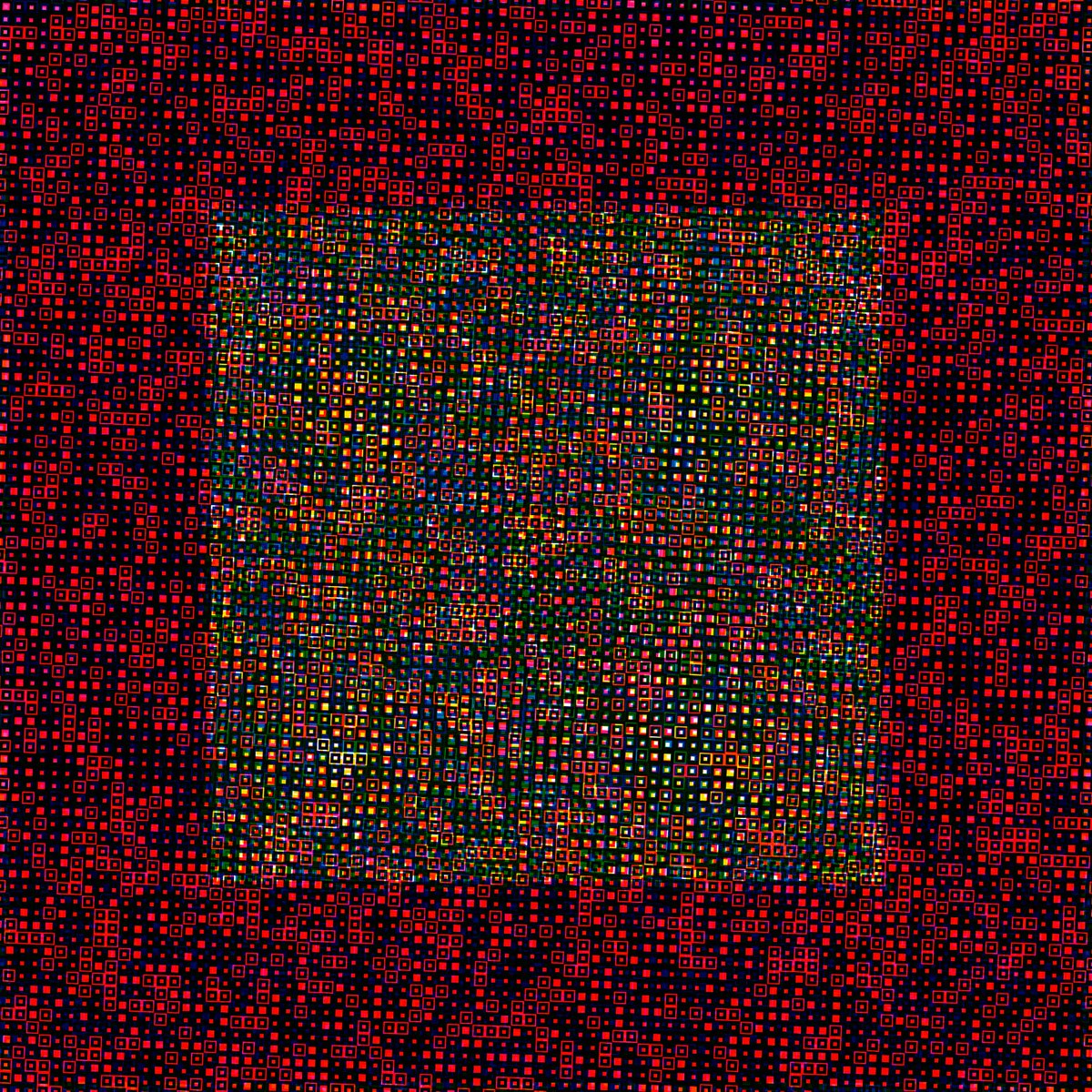This is Dissonance #9, owned by @abstractment. I like the chaotic nature of this edition. The grids are made of many small objects, and the central pattern looks like it could have been generated with Perlin noise, but it's made only of angle rotations and size variations.