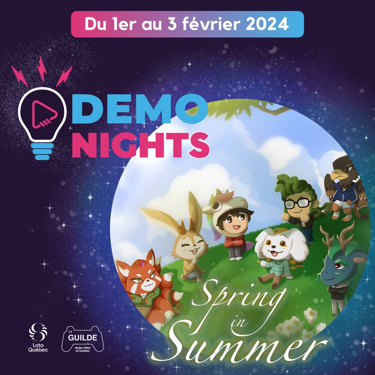 Nous sommes heureu·x·ses d’annoncer notre participation à #DemoNights2024 ! Rejoignez-nous en direct sur Steam et sur la chaîne Twitch de Loto-Québec le 1er février pour en savoir plus sur notre jeu : Spring in Summer et jouer à notre démo! #jeuxindies
