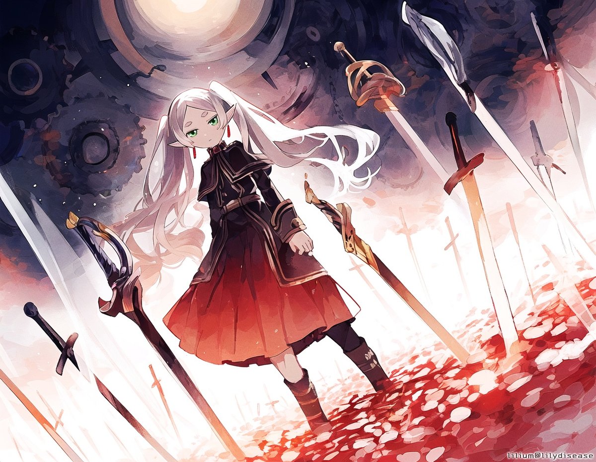 frieren 1girl planted planted sword weapon sword green eyes twintails  illustration images