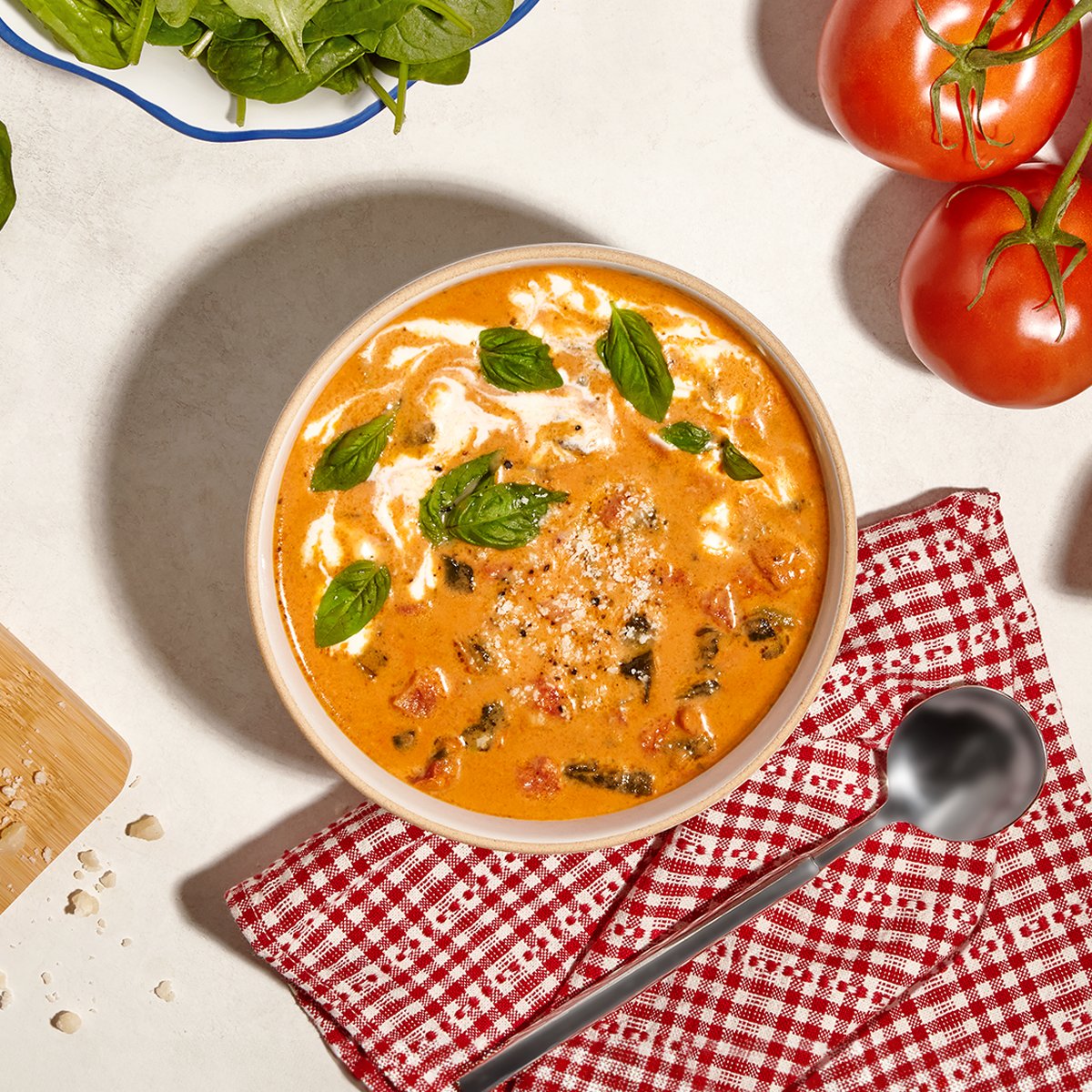 🤌 That’s a good soup. 🤌 Today’s #NationalSoupMonth feature is our Tomato Bisque with Spinach &amp; Orzo. It’s creamy and colorful and def worth a taste. Get 15% off all soups and chilis on our website with promo code SOUP15. bit.ly/420t3bg