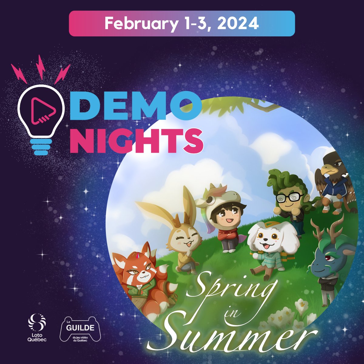 We’re delighted to announce our participation to this year’s #DemoNights2024 ! Come join us live on Steam and Loto-Québec’s Twitch channel on February 1st to hear us talk about our upcoming game: Spring in Summer, and play our demo! #indiegames