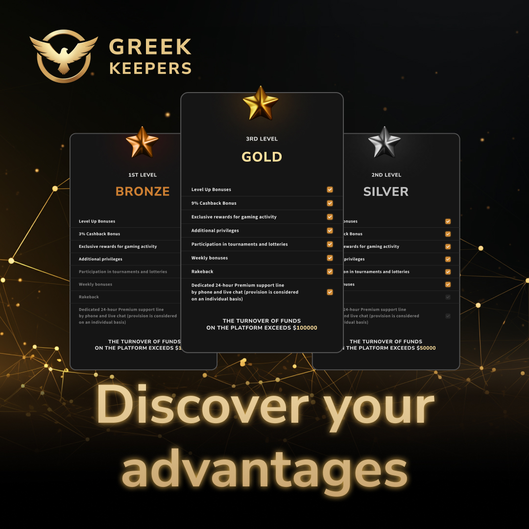 💬 Today we open the gates to a world of luxury and unique privileges! Welcome to Greek Keepers VIP Club (game.greekkeepers.io/VipClub), where every level brings you an incredible gambling experience! 🔥

🥉  Bronze 🥉
Join by making a $10,000 betting turnover! Discover bonuses in