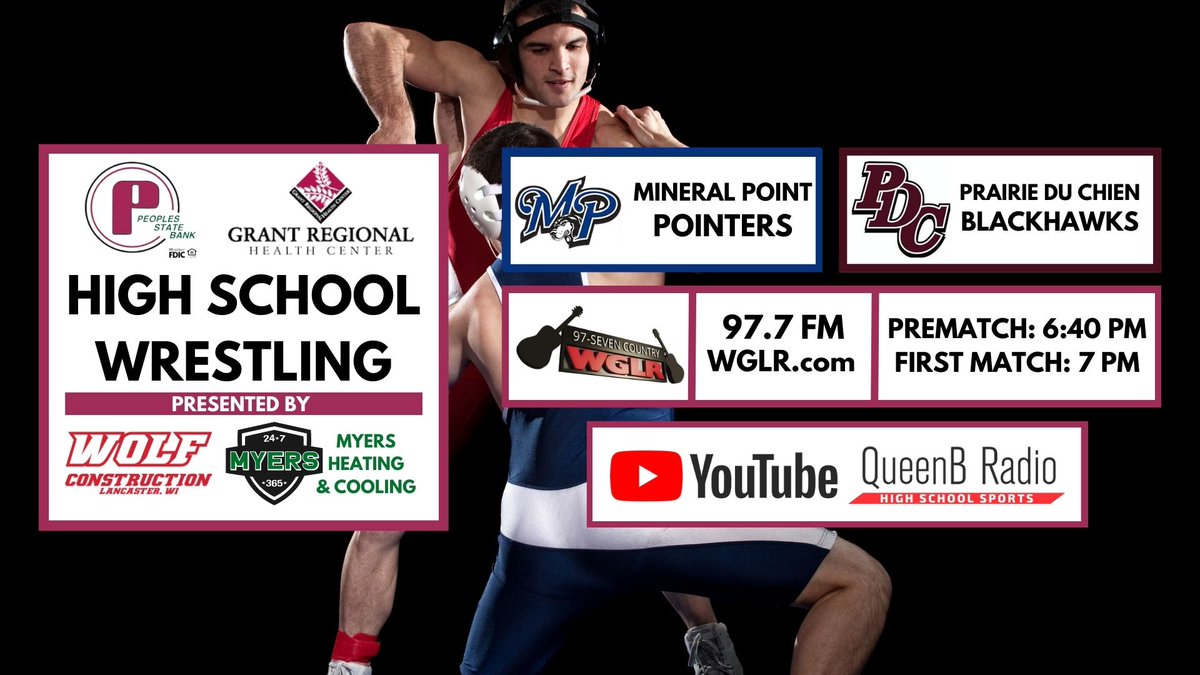 TylerDiktanas's tweet photo. TONIGHT: #wiwrestle & #wisgb on QueenB Radio & QBRS YouTube Channel (https://t.co/NW2ZS29tzY)
@977CountryWGLR - D3 #10 Mineral Point at D2 #2 Prairie du Chien
@DBQSuperHits106 - River Ridge at Belmont
@xtreme1071 - Prairie du Chien at Platteville https://t.co/iRexOhK1v5