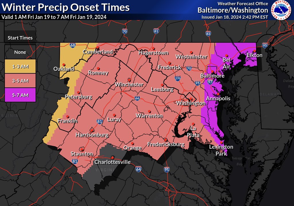 National Weather Service has raised their totals, now going 2-3” in DC which looks reasonable given recent trends! Expected start time included as well, which is generally between 3-6am! ❄️