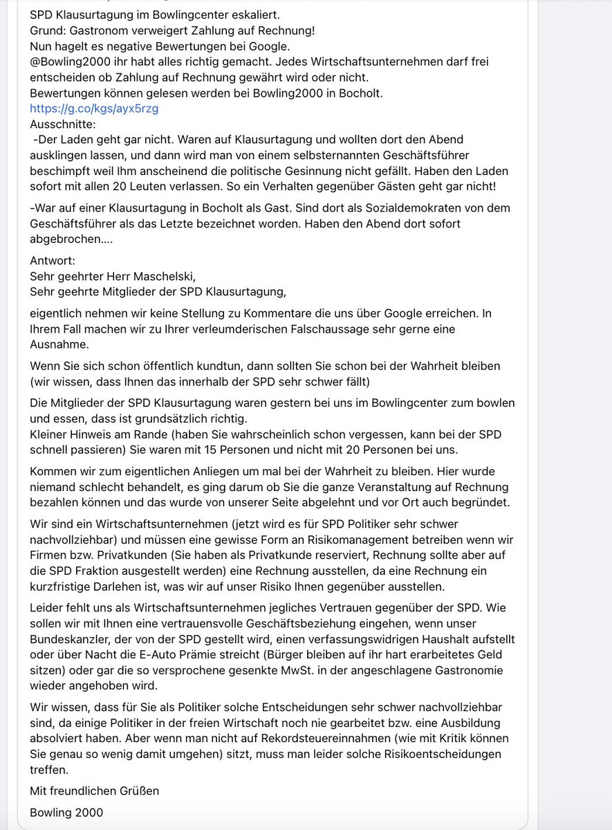 MitAktien's tweet photo. Wahnsinn! Aber leider bezeichnend für die #SPD Ist das der "Respekt" von dem Scholz und Esken immer schwurbeln? Wie kann man ernsthaft erwarten, dass man einen Abend lang bowlen geht, und der Gastronom dann eine RECHNUNG ausstellt!? Anschließend sind die SPD-Politiker auch noch so dreist, und bewerten den Gastronom negativ auf Google. Also ich weiss, wo ich das nächste mal bowlen gehe! Doch jetzt eskaliert es und die positiven Rezensionen auf Google heben komplett ab! Mal wieder ein komplettes Eigentor der SPD haha
https://t.co/cS4ueElXT5