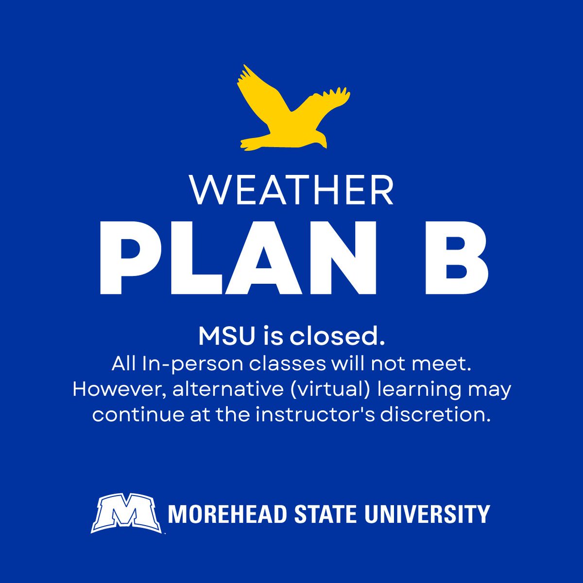 ❄️ MSU PLAN B: Friday, 1-19-2024 ❄️ Due to impending snow and cold temps - MSU is closed, & all in-person classes will not meet. However, alternative instruction (virtual) learning may continue at each instructor’s discretion. Main campus and all regional locations are closed.