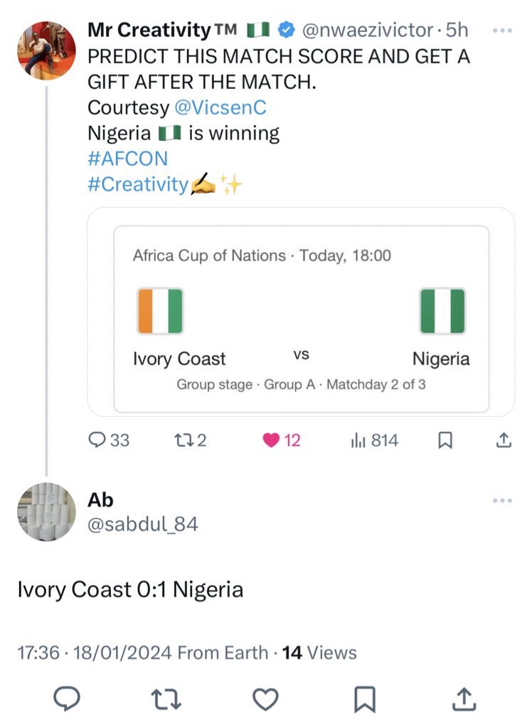 nwaezivictor's tweet photo. Three people had correct prediction but we need only one winner so fastest finger won.
Congratulations @ozma_raisy timing was 14:54pm
@ozma_raisy DM @VicsenC for your gift 🎁 
#AFCON2023 
#Creativity✍️✨ https://t.co/AXt6fQEONj