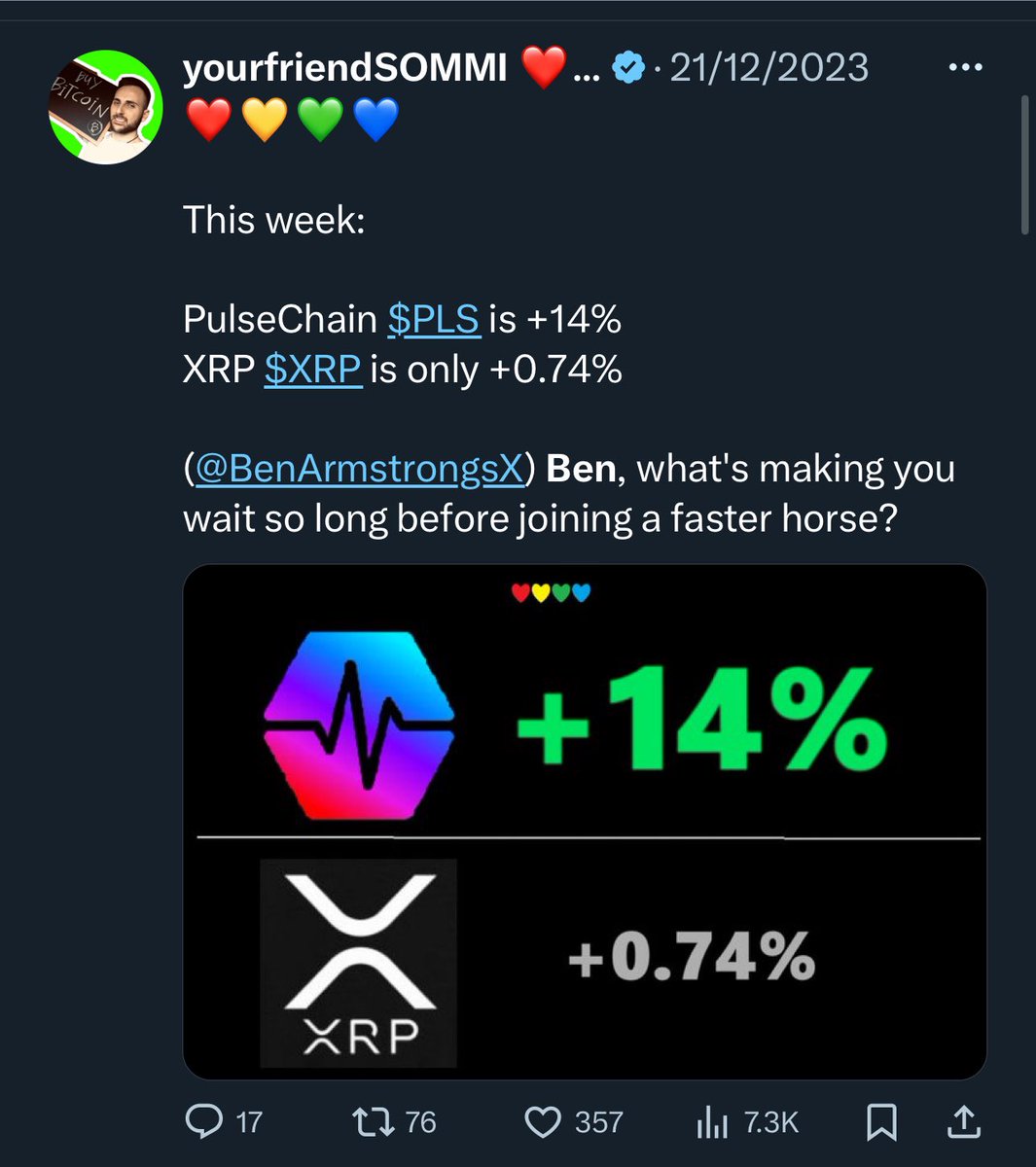 yourfriendSOMMI's tweet image. ❤️💛💚💙

How it Started / How it’s Going

PulseChain $PLS, $PLSX, $HEX ecosystem will be covered by BitBoy (@BenArmstrongsX)