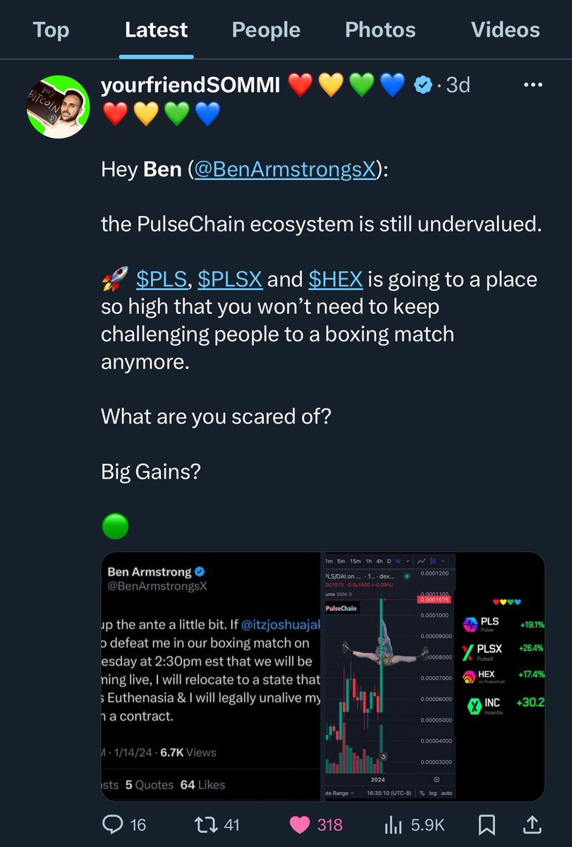 yourfriendSOMMI's tweet image. ❤️💛💚💙

How it Started / How it’s Going

PulseChain $PLS, $PLSX, $HEX ecosystem will be covered by BitBoy (@BenArmstrongsX)