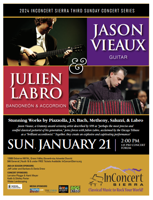 SacGuitarSoc's tweet photo. Don't forget that this Sunday @InConcertSierra will be presenting an exciting performance featuring Jason Vieaux and Julien Labro.

Ticket information: https://t.co/8Ltzo1W1YT https://t.co/7MRZY5AGGf