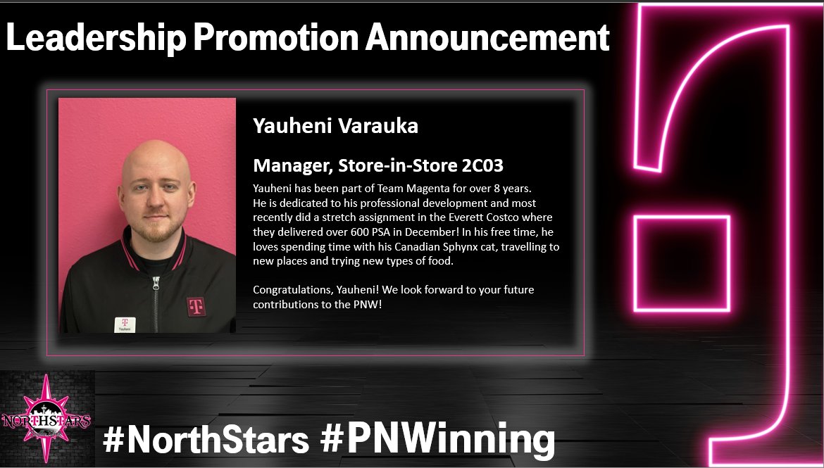 Hey T-Mobile Land! Please help me congratulate Yauheni on his recent promotion to Manager, Store-In-Store! Yuaheni is excited to take on the role, and his team is already delivering incredible results in the kiosk!