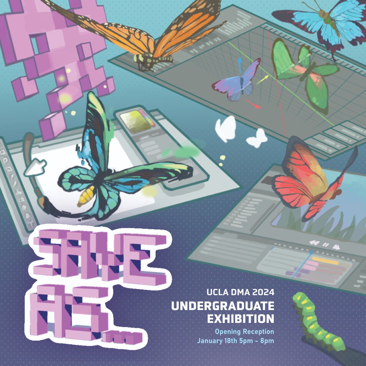 Join us tonight for the UCLA Department of Design | Media Arts 2024 UG Show: Save as...

Opening Reception: Thursday, Jan 18th, 5-8pm
Exhibition Dates: Jan 18th - February 1st 2024
Location: New Wight Gallery, UCLA Broad Art Center, 240 Charles E Young Dr N, LA, CA