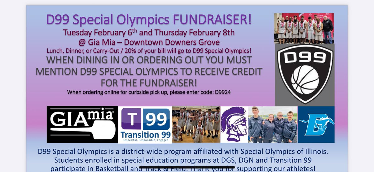 Upcoming fundraiser at Gia Mia!! Both Feb 6 and Feb 8! @Dist_99 @DownersSouth @DownersNorth