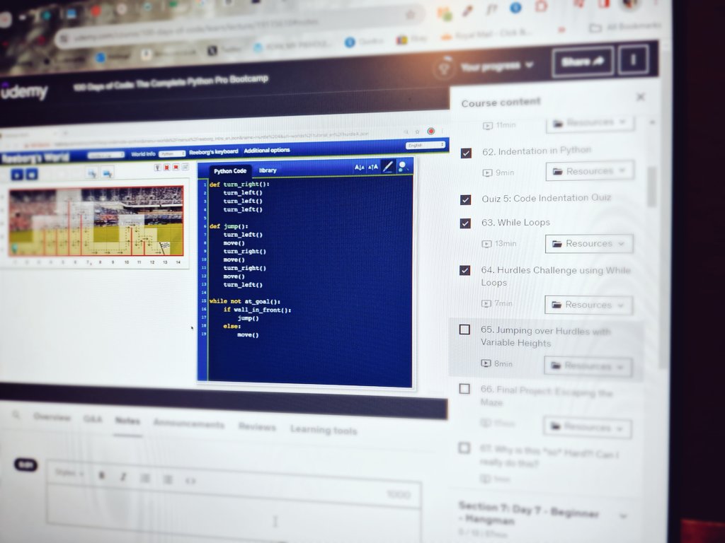 robogirlcodes's tweet photo. Spent a while trying to complete the Hurdle 4 game when I  was meant to just do Hurdle 3. FOOL. :)

Will do 4 in the next lesson tomoz as tis now 1.30am.

Day 6/100 Complete Python Bootcamp
Day 11/365
#Python #CodeNewbie #WomenWhoCode #100DaysOfCode #pythonprogramming #whileloops https://t.co/7b9lqYErdo