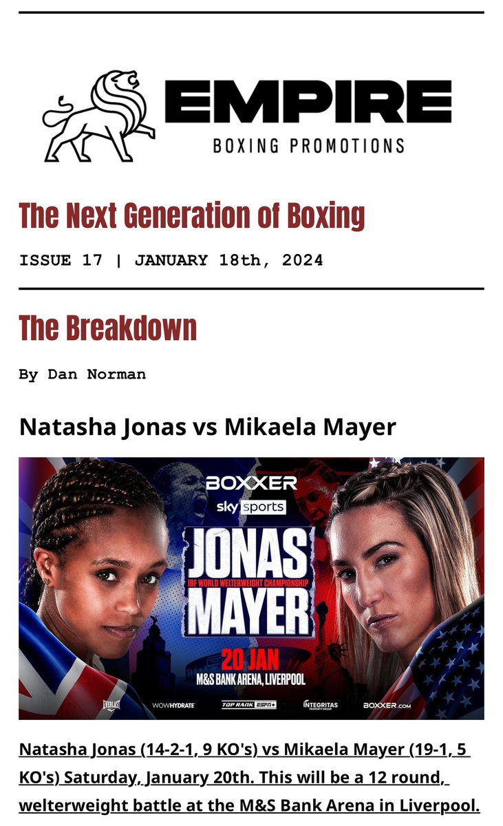 🚨 Issue #17 out now. The Next Generation of Boxing
Read and Subscribe here:
mailchi.mp/empireboxingen…
-
<a href="/MikaelaMayer1/">Mikaela Mayer</a> vs <a href="/TashaJonas/">Natasha Jonas</a> Breakdown and more boxing news. 
-
<a href="/BrickhouseVent1/">Brickhouse Ventures</a> <a href="/GrassJames/">James Grass</a> 
-
#boxingnews #boxing #empireboxing