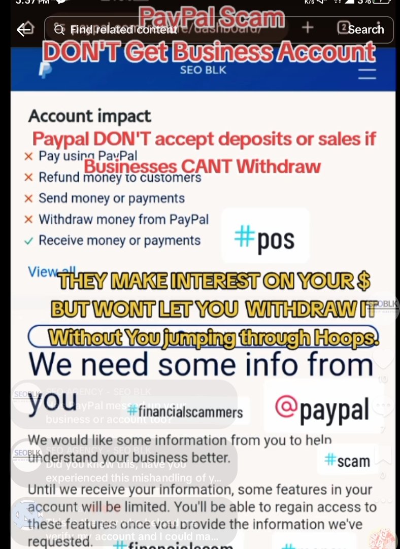 seoblk's tweet photo. #PayPal #Scam Don't accept Sales or Deposits We can't access YOU COLLECT INTEREST. #FINANCIALSCAM #Scammers #ScamAlert . Release My Funds.  I'm not providing more info. Use personal account to verify @PayPal @AskPayPal @PayPalNews @cnnbrk #news @Chime @VisaNews  @elonmusk https://t.co/3Efg7h9T4E