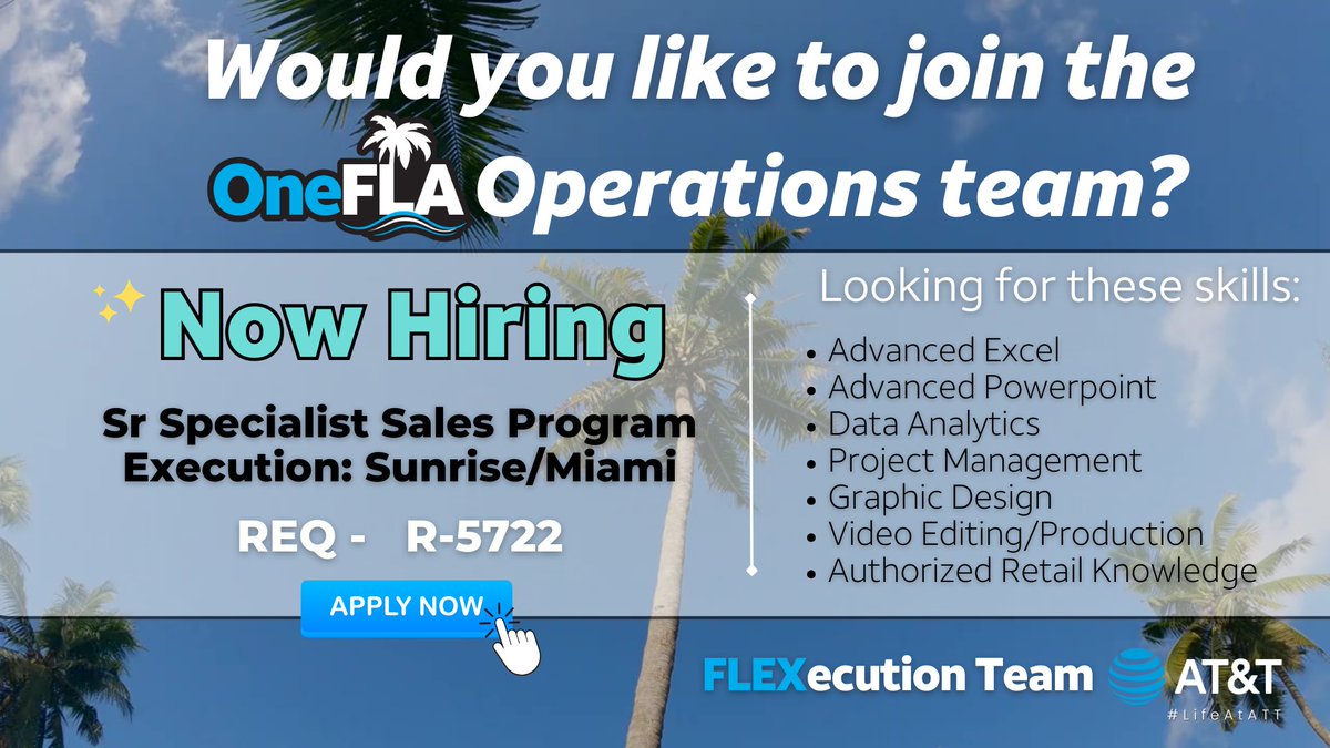 We’re hiring! Amazing opportunity to join one of the best Ops Teams in the biz! Req info below!😎🌴☀️ #OneFLA #LifeAtATT #ItsAFloridaThing