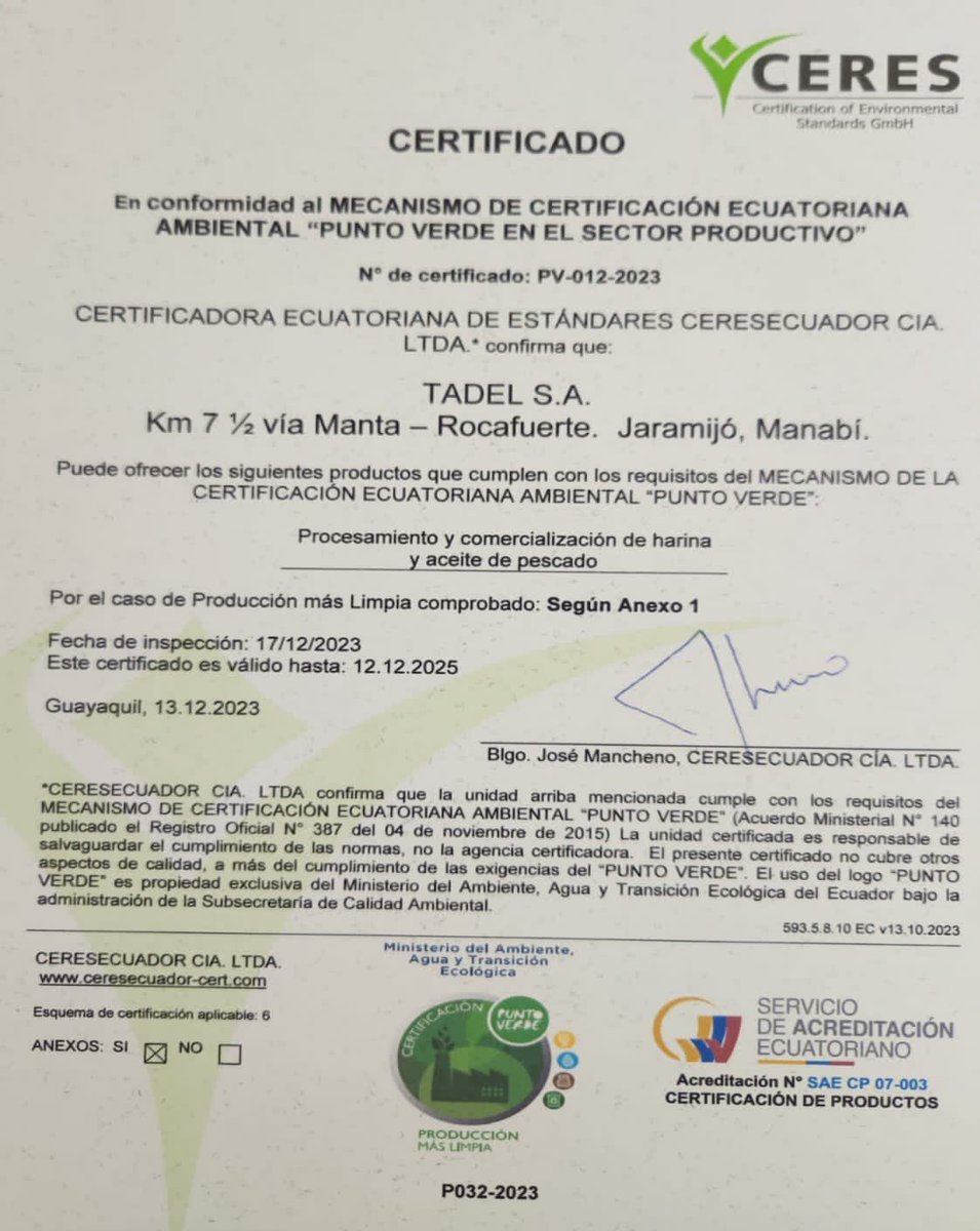 Inmare_'s tweet photo. Felicitaciones a Tadel S.A. por haber obtenido la Certificación Ambiental “Punto Verde”. Este tipo de logros enaltecen los esfuerzos por no solo producir Harina y Aceite de Pescado de excelente calidad, sino además hacerlo cuidando el Medio Ambiente!
Son un ejemplo a seguir! https://t.co/DokdhXdubX