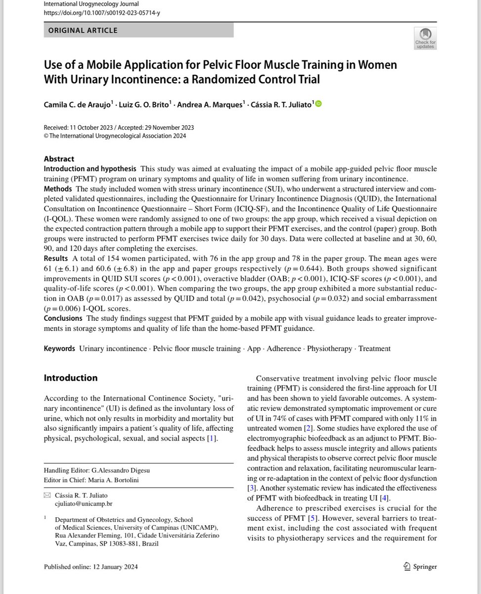 lgobrito's tweet photo. Happy that the @IUJ_BlueJournal has published our #randomizedcontroltrial on the use of #smartphone as an adjunct for #pelvicfloormuscletraining to treat #urinaryincontinence. Apps are promising to be used to treat this disease! https://t.co/OUbb7A4weK https://t.co/Vo2icqjjwF