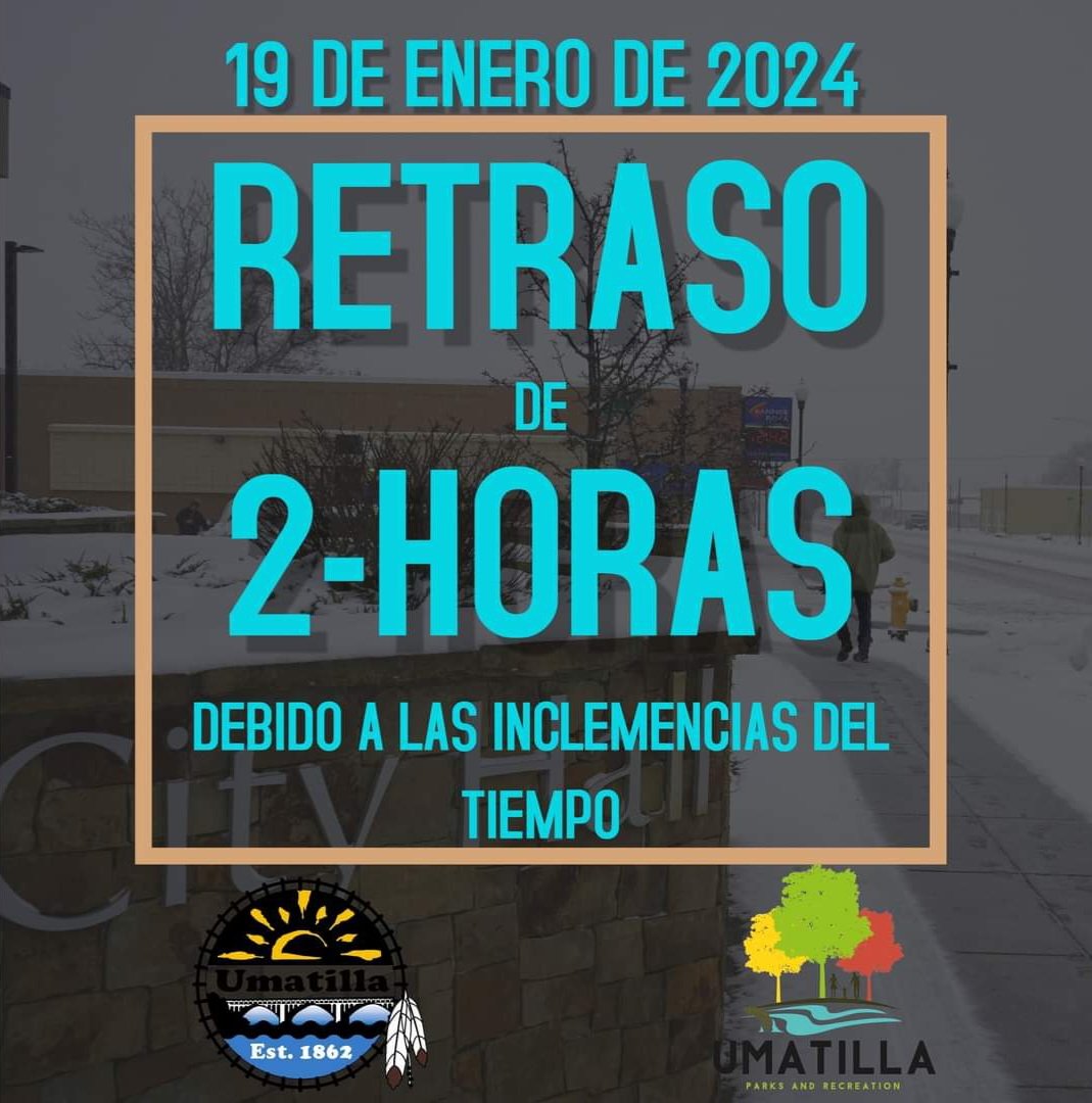 Good evening, Umatillians! Please note City Hall will be on a 2-hour delay on January 19, 2024. -- ¡Buenas noches, Umatillanos! El Ayuntamiento tendrá un retraso de 2 horas el 19 de enero de 2024.