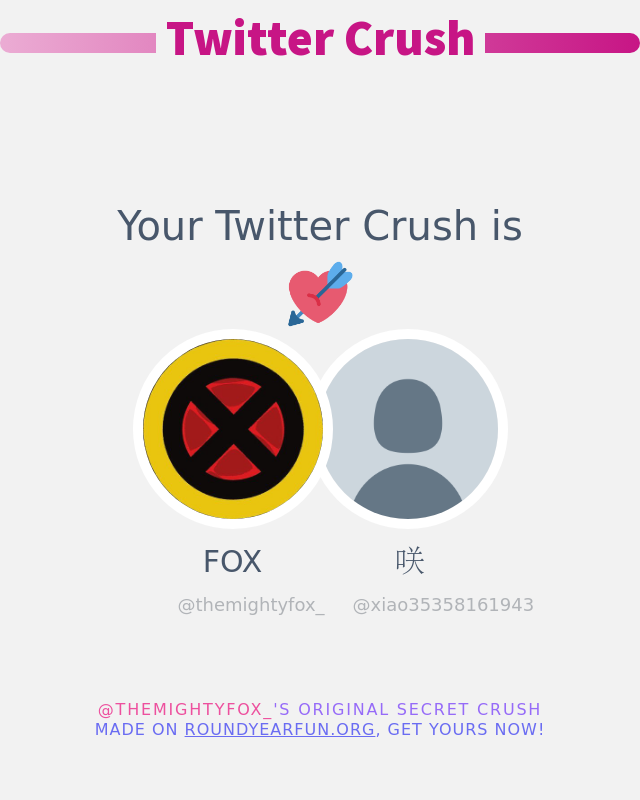 My Twitter Crush is: <a href="/xiao35358161943/">咲</a>

➡️ funxgames.me/twittercrush