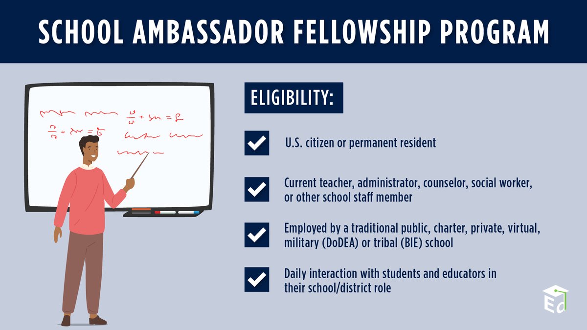 Attention outstanding teachers, administrators, & school staff! Bring your school & classroom expertise to the Department of Education through ED’s School Ambassador Fellowship program. Learn more about eligibility requirements & apply by February 5: oese.ed.gov/offices/office…