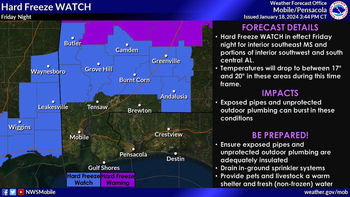 🧥Not so fast! Don't be fooled by 'warmer' temperatures today as they will quickly drop Friday night back into the upper Teens to low 20s. Areas of interior southern Alabama and southeastern Mississippi are under a Hard Freeze watch for temperatures below 20 degrees. #mobwx