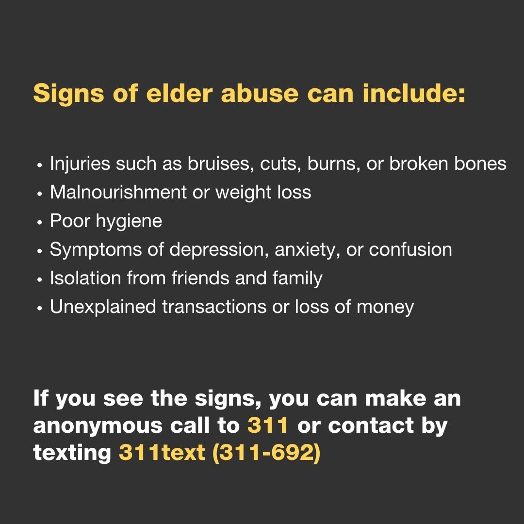 🚨 Let's unite against elder abuse!

If you see the signs, you can make an anonymous call to 311 or contact by texting 311text (311-692)

Your call or text can make a difference.

@nycmayor @nycaging

#PreventElderAbuse #SpeakUpForSeniors #NYCYouth #AgingNewYorkers