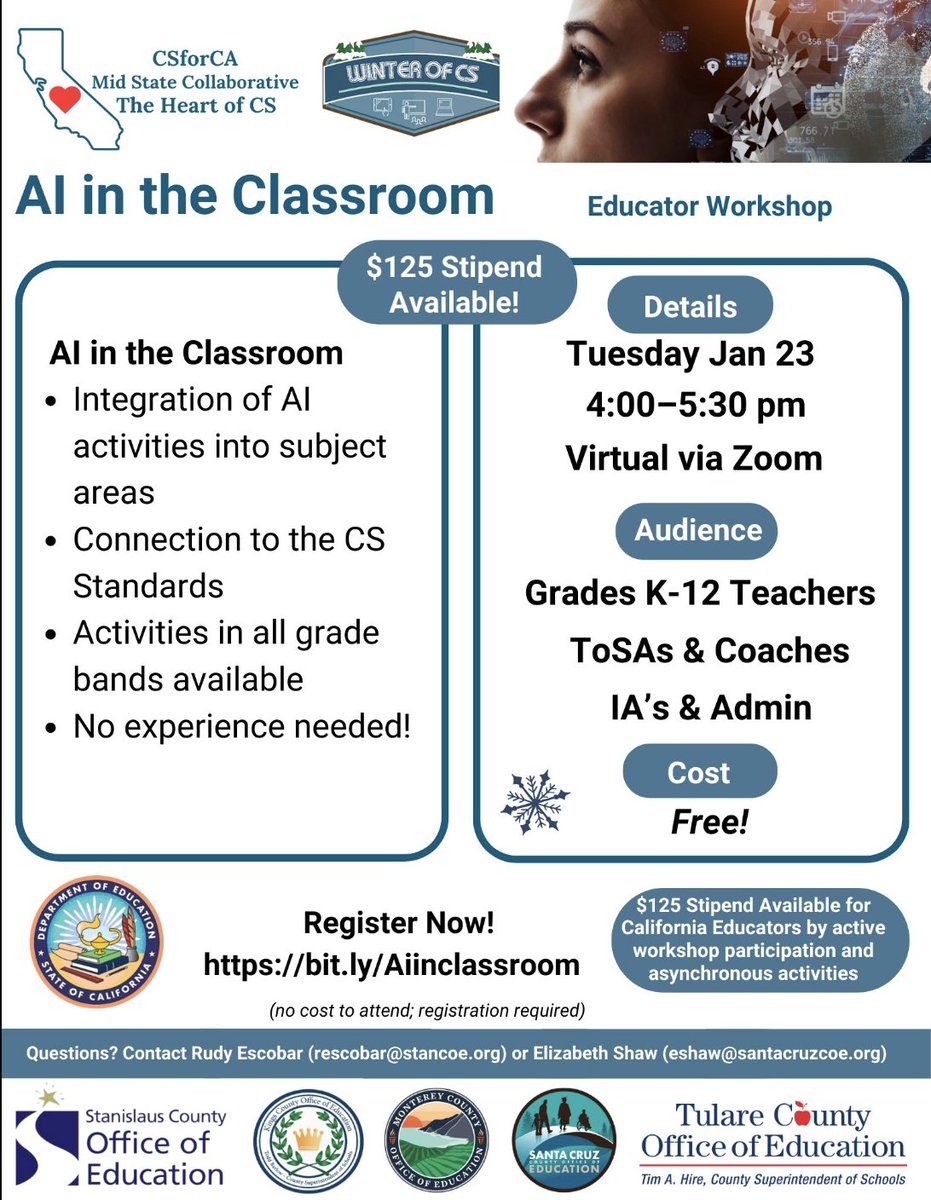 Join us for 'AI in the Classroom'

As part of #SeasonsofCS, this virtual Mid-State Collaborative PLO is perfect for all K-12 educators.  

$125 Stipend.  

Register Here: bit.ly/Aiinclassroom