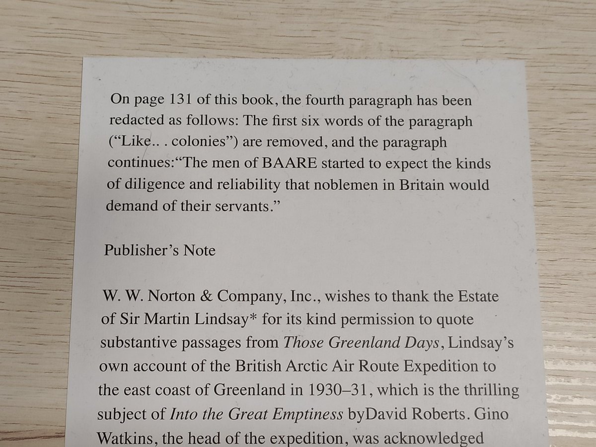 ExploHistory's tweet image. A strange &quot;bonus&quot; to my copy of Into the Great Emptiness on a single loose sheet of paper.
However, I checked and my edition still has those six words which are: &quot;Like plantation owners in the colonies.&quot;
Very bizzare. I know the ebook version was already changed.